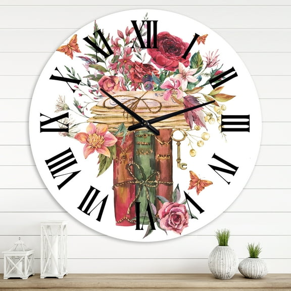 Designart 'Vintage Old Books With Wildflowers' Farmhouse Wall Clock