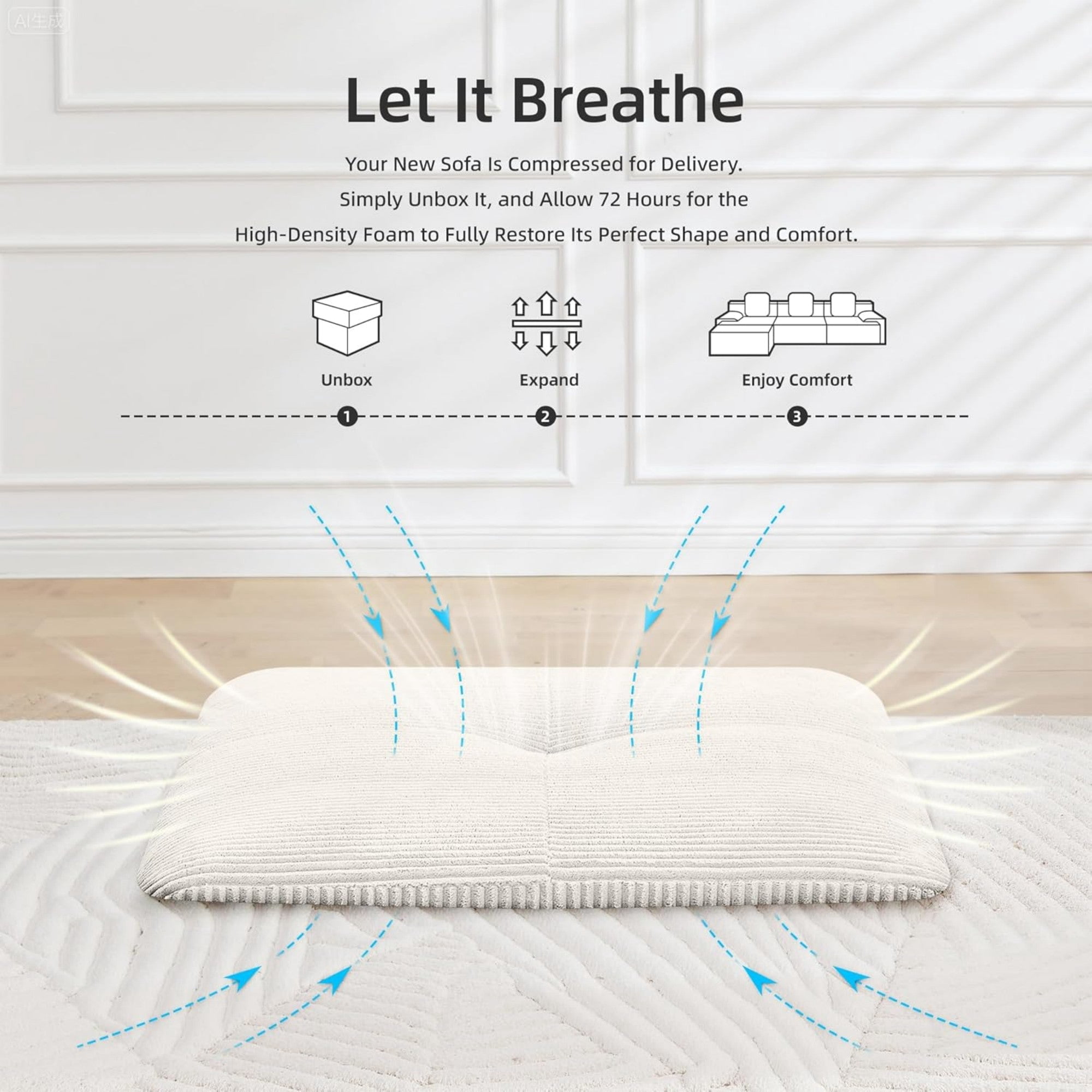 Sailvan 118"" Modern L-Shaped Modular Sectional Sofa, Corduroy Boneless Cloud Couch with Deep Seat and Moveable Ottoman, No Assembly Required
