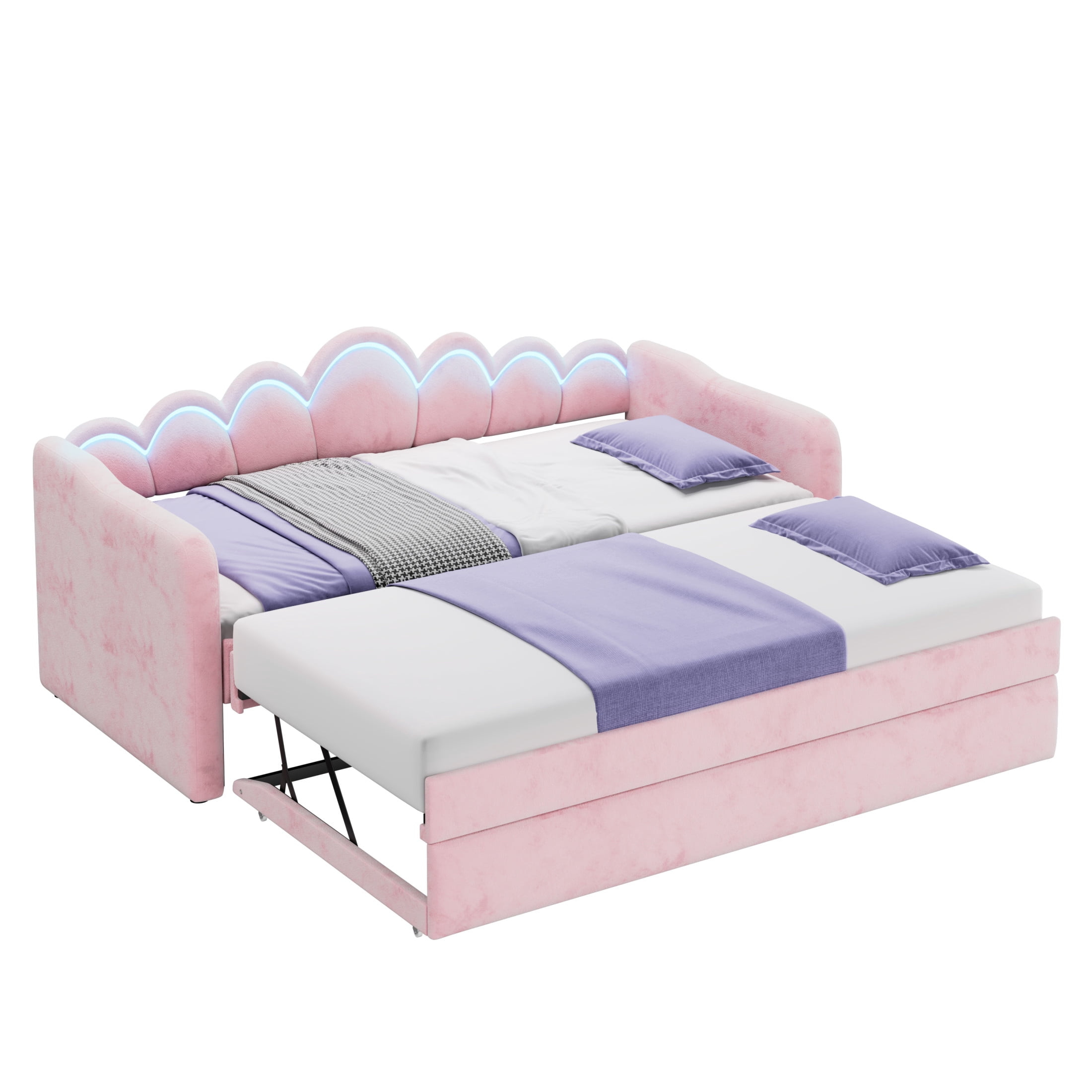 Noble House Twin XL Upholstered Velvet Daybed with LED Light and Pop-Up Height Trundle, Space Saving Design, Pink