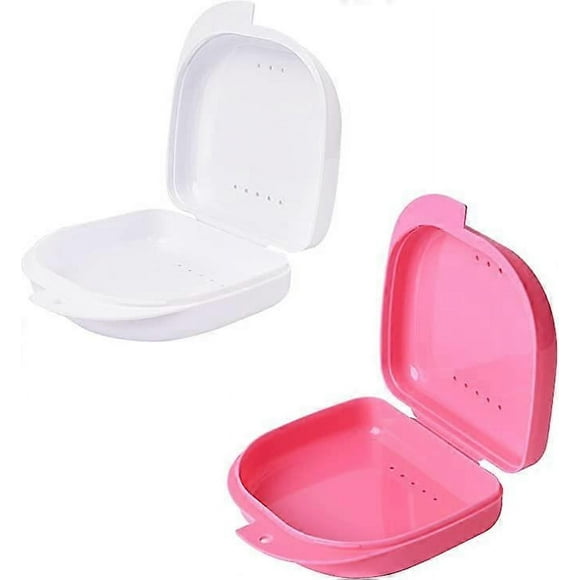 2 invisible braces (pink+white), retainer container partial denture box, portable and cute, easy to clean