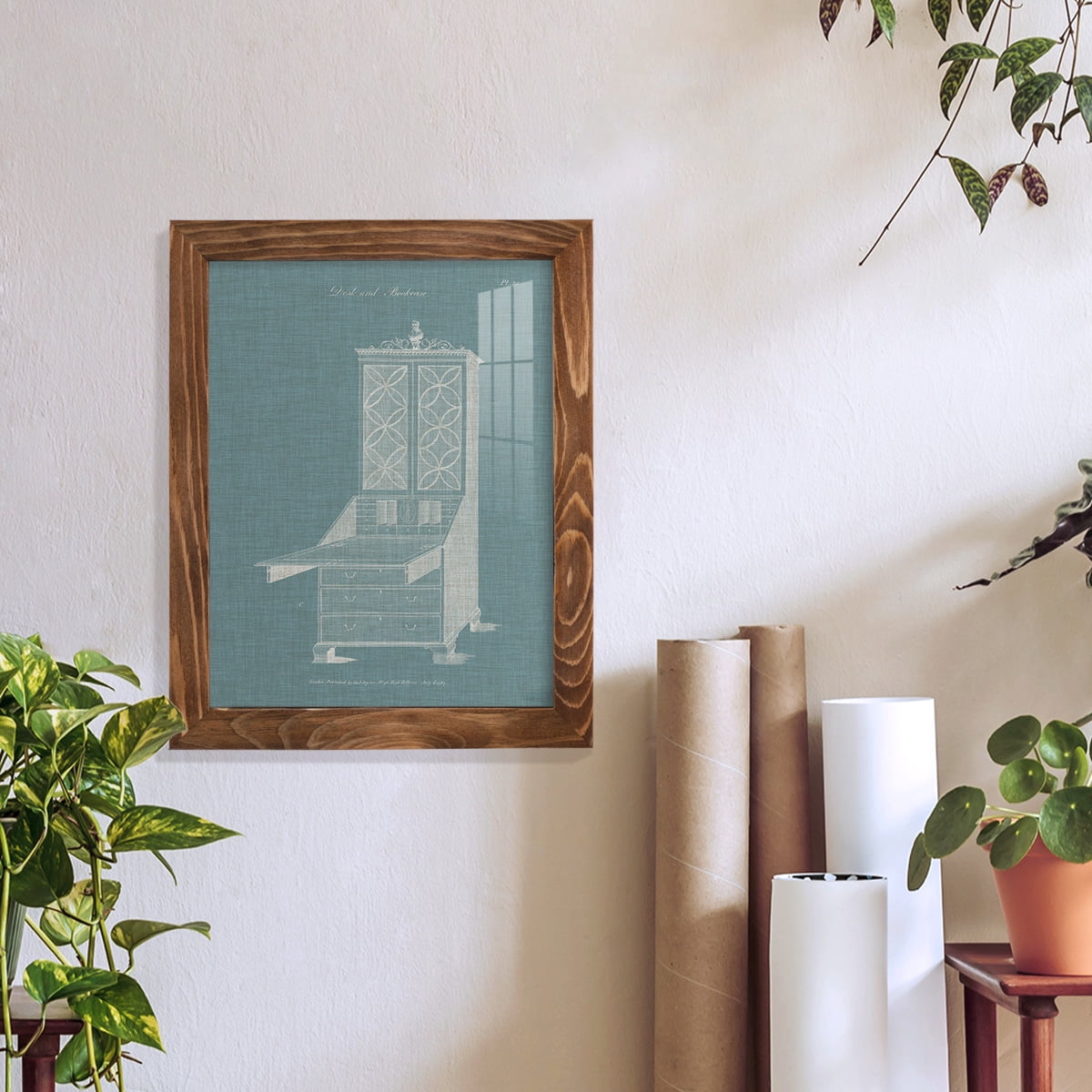 Hepplewhite Desk & Bookcase II - Framed Print w/glass - Walnut