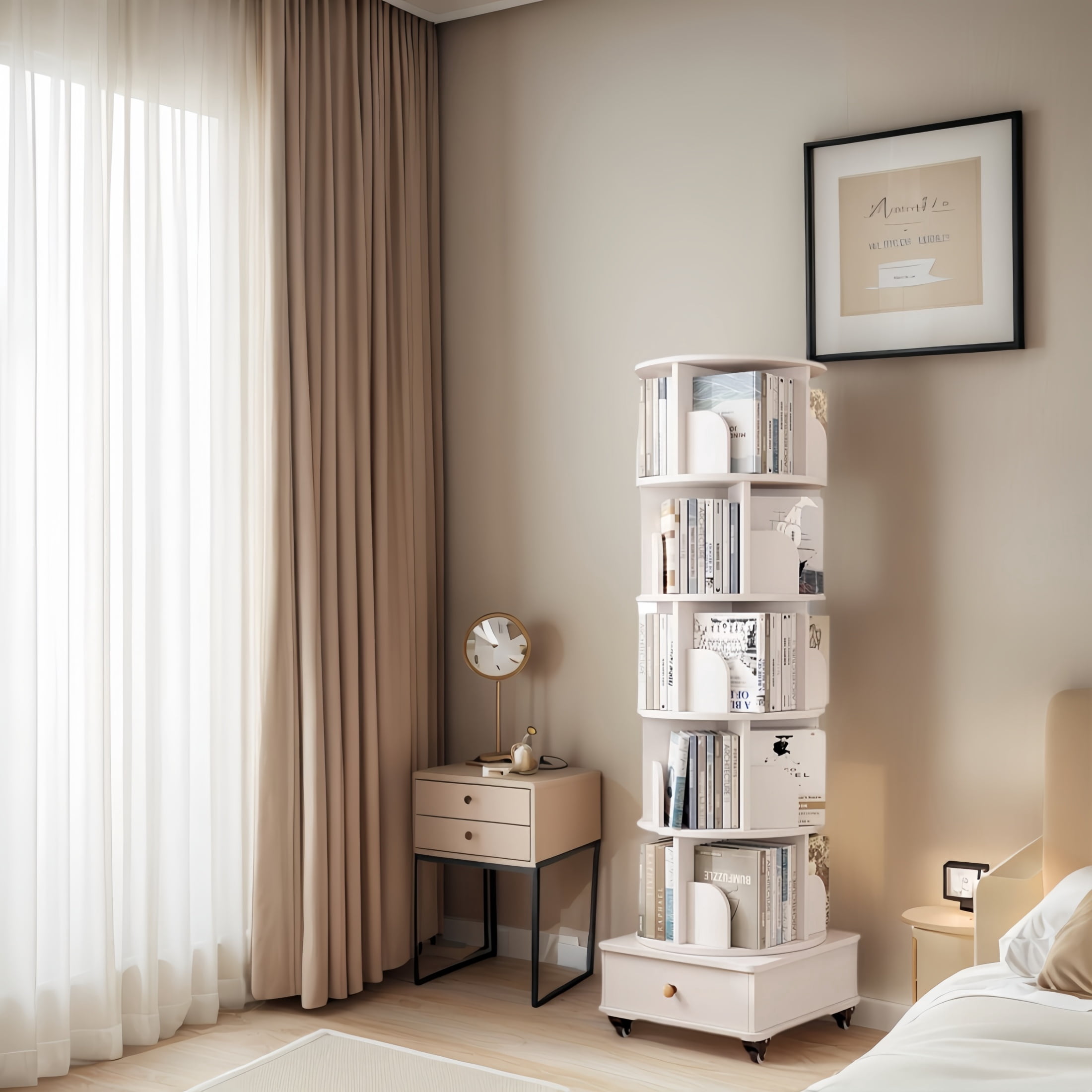 Atumcto Rotating Bookshelf with Drawer, 6 Tier 360 ° Corner Bookcase with Wheels, Tall Narrow Storage Shelf for Small Spaces, Bedroom Living Room, White