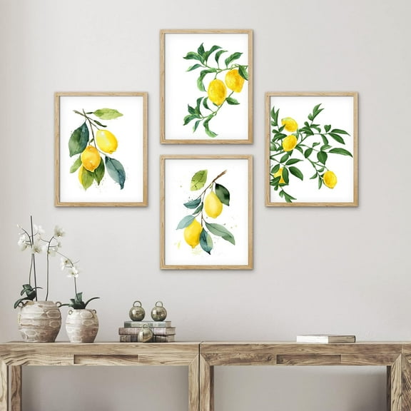 PixonSign Framed Pastel Watercolor Lemon Wall Art, Set of 4 Nature Wilderness Wall Prints, Botanical Plants Floral Wall Décor, Fresh Fruits Poster Set Modern Art Home Decorative - 8"x10" Natural