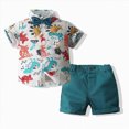 thumbnail image 3 of Kaprioy Boys Summer Outfits Short Sleeve Hawaii Coconut Tree Print Button Down Bow Tie T Shirt Top Solid Shorts Boys Party Holiday Gentleman Suit, 3 of 6