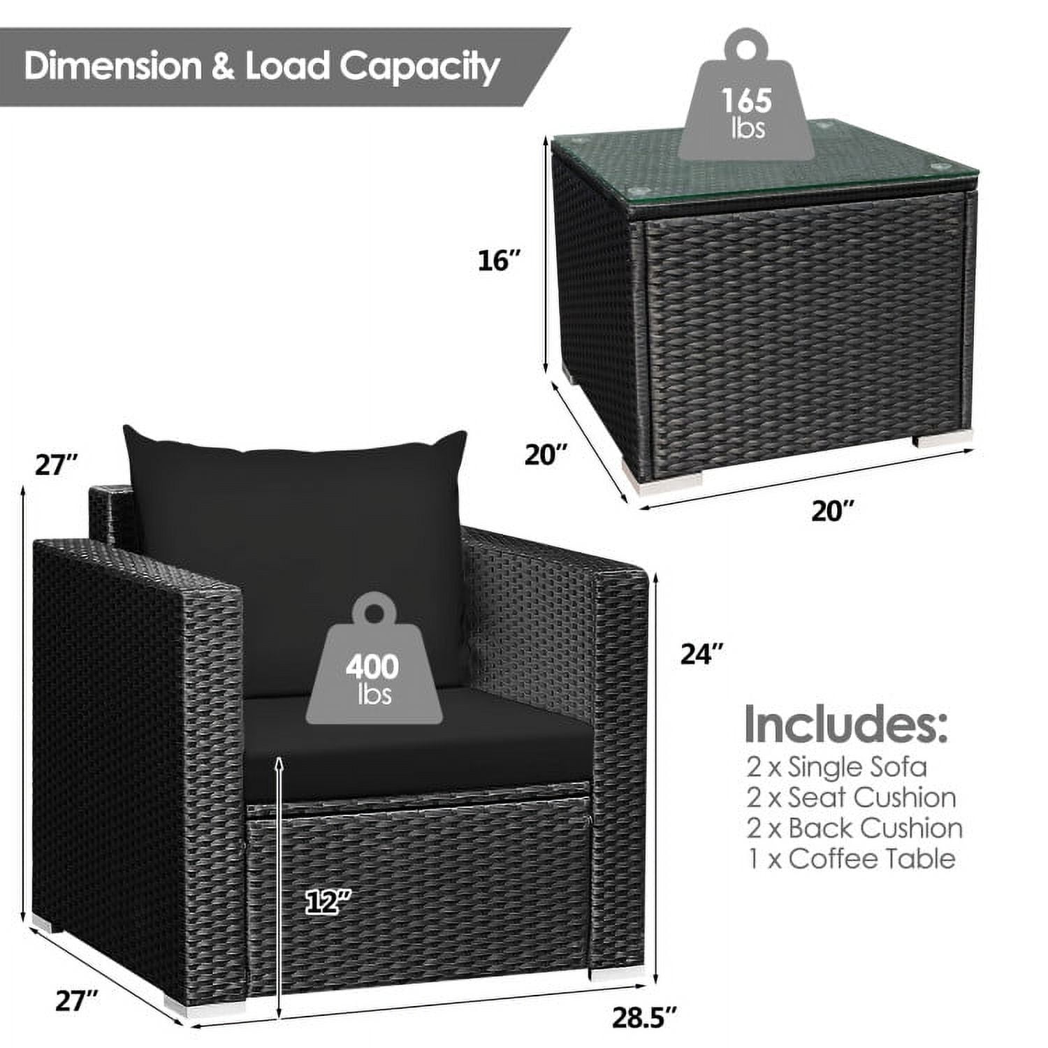 Aimee Lii 3 Pieces Patio Wicker Conversation Set with Cushion, Modern Patio Furniture, Black Aimee Lii 3 Pieces Patio Wicker Conversation Set with Cushion, Modern Patio Furniture, Black
