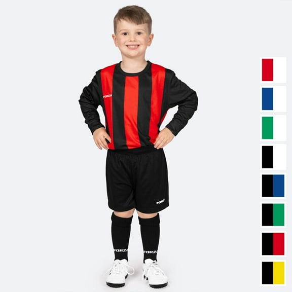 FORZA Kids' Striped Long Sleeve Soccer Kit – Youth Soccer Jersey, Shorts & Socks Set – Quick-Dry, Sweat-Wicking Uniform for Boys & Girls – Available in Multiple Sizes & Colors