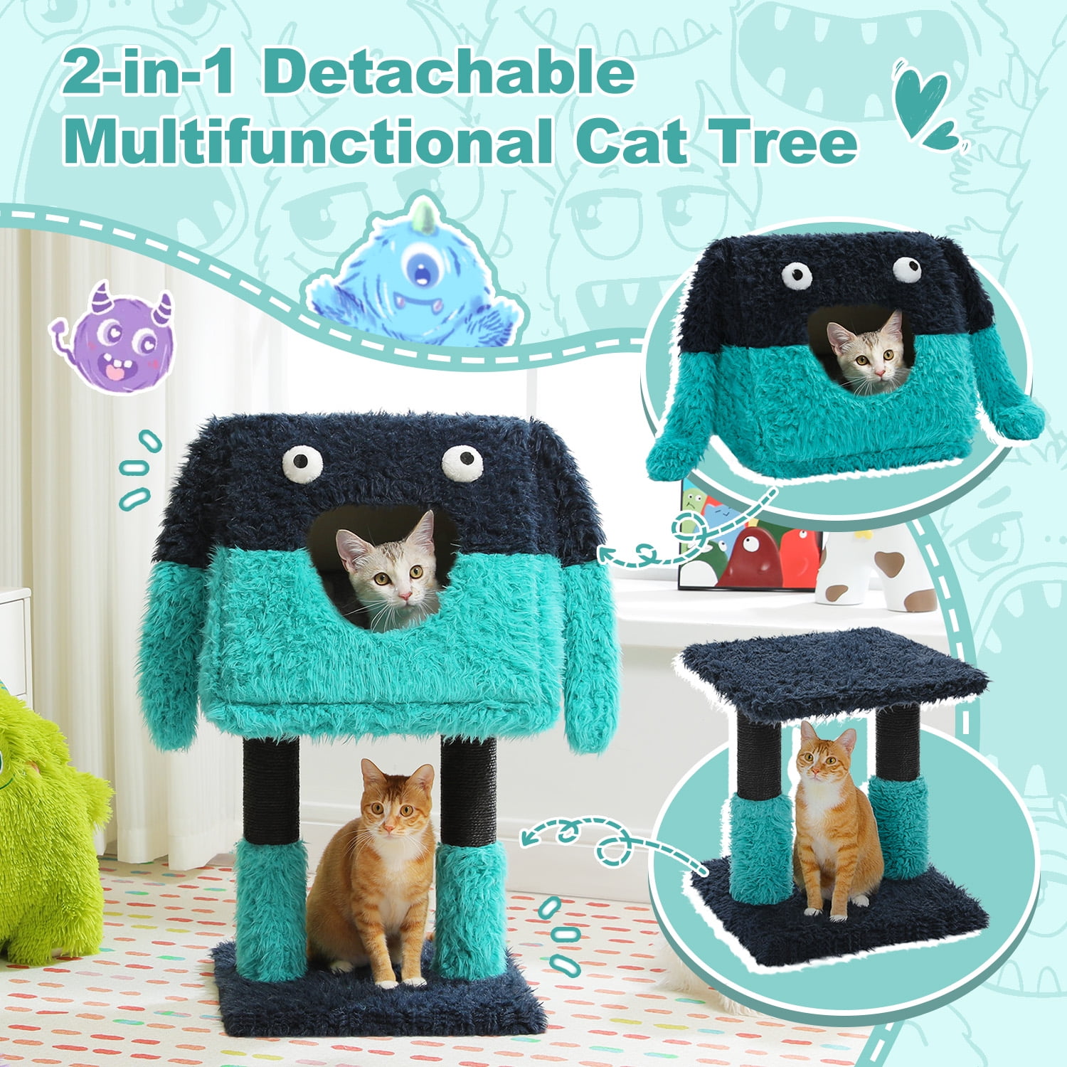 Pefilos 28" Tall Cartoon-Themed Cat Tree, 2 in 1 Cat Scratching Post with Condo, Artistic Modeling Playing Tower with a Soft Removable Cat Bed, Blue