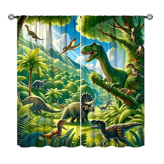 SUYOLL Dinosaur Print Tier Curtains, 2 Panels Rod Pocket Light Filtering Privacy Short Drapes, Vibrant Print Washable Decorative Curtain for Kitchen Bathroom Small Window