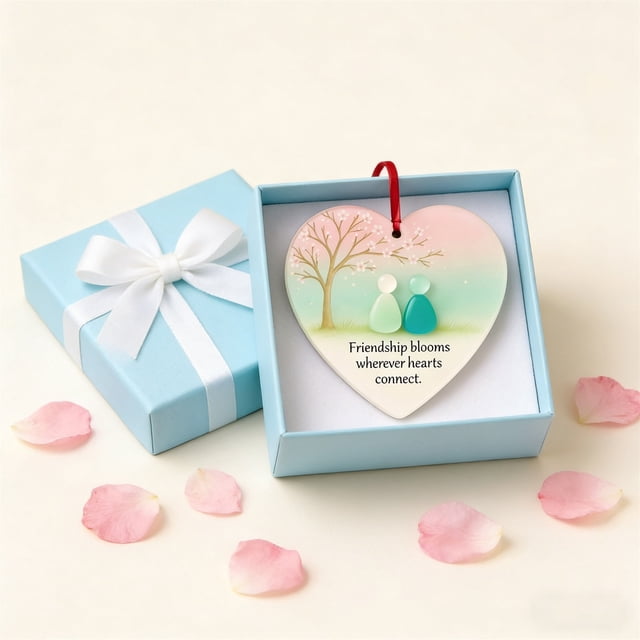 Adorno de la amistad de vidrio marino en forma de corazón hecho a mano | Regalo de recuerdo para hermana o mejor amiga | Decoración para árbol de Navidad
