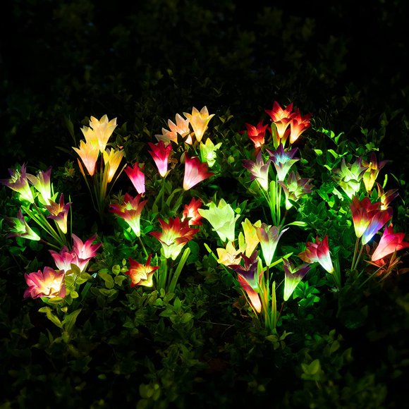 Solar Flower Lights Outdoor, 2 Pack Garden Decorative Lights, 8 Solar Lily Flower, Multi-Color Changing LED Solar Landscape Light for Patio, Yard, Garden (Purple & Red)