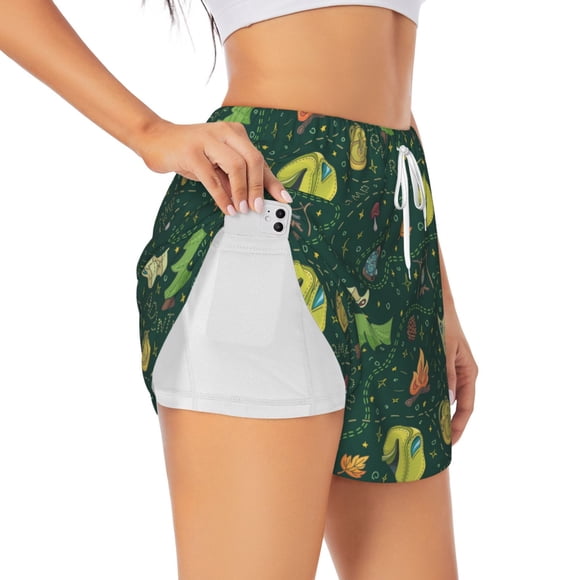 Saiise Camp In The Forest Print 2 in 1 High Waisted Running Shorts for Women - Split Breathable Athletic Tennis Gym Workout Shorts with Pockets-X-Large