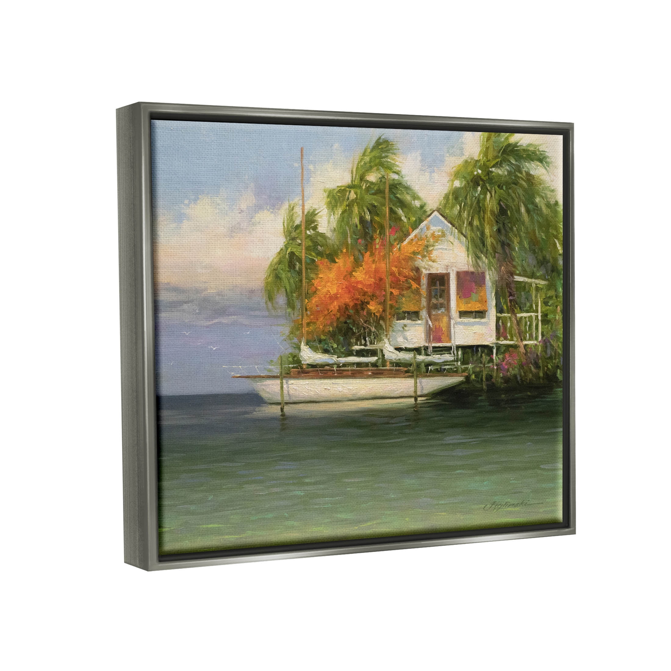 Tropical Seaside House Boat Landscape Painting Luster Gray Framed Art Print Wall Art