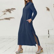 Women Casual Long Dress Long Sleeves Side Pockets Slit Vintage Maxi Robe