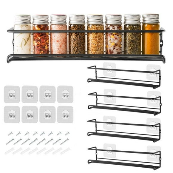 4 Tier Spice Rack Organizer, Punch-free Hanging Spice Racks for Kitchen Wall Cabinet, Metal Black