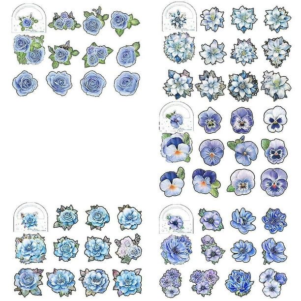 50 PCS Blue Flower Stickers - Large Size Floral Stickers with Gold Outlines,Glitter Shiny Waterproo