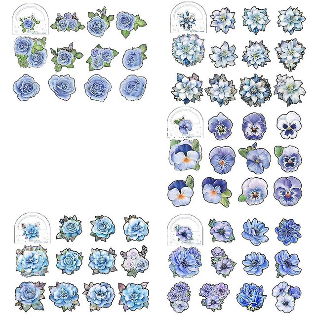 50 PCS Blue Flower Stickers - Large Size Floral Stickers with Gold Outlines,Glitter Shiny Waterproo