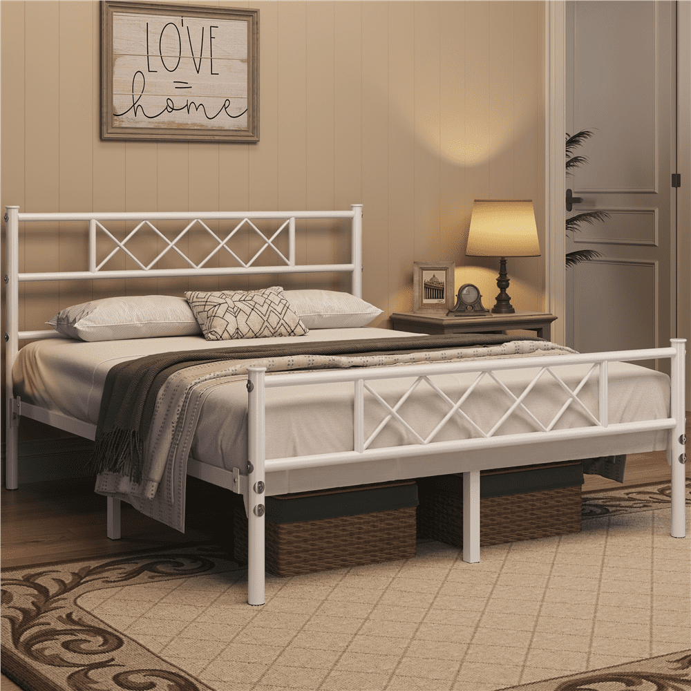 Yaheetech Metal Platform Bed Frame with Headboard and Footboard, Queen Size, White