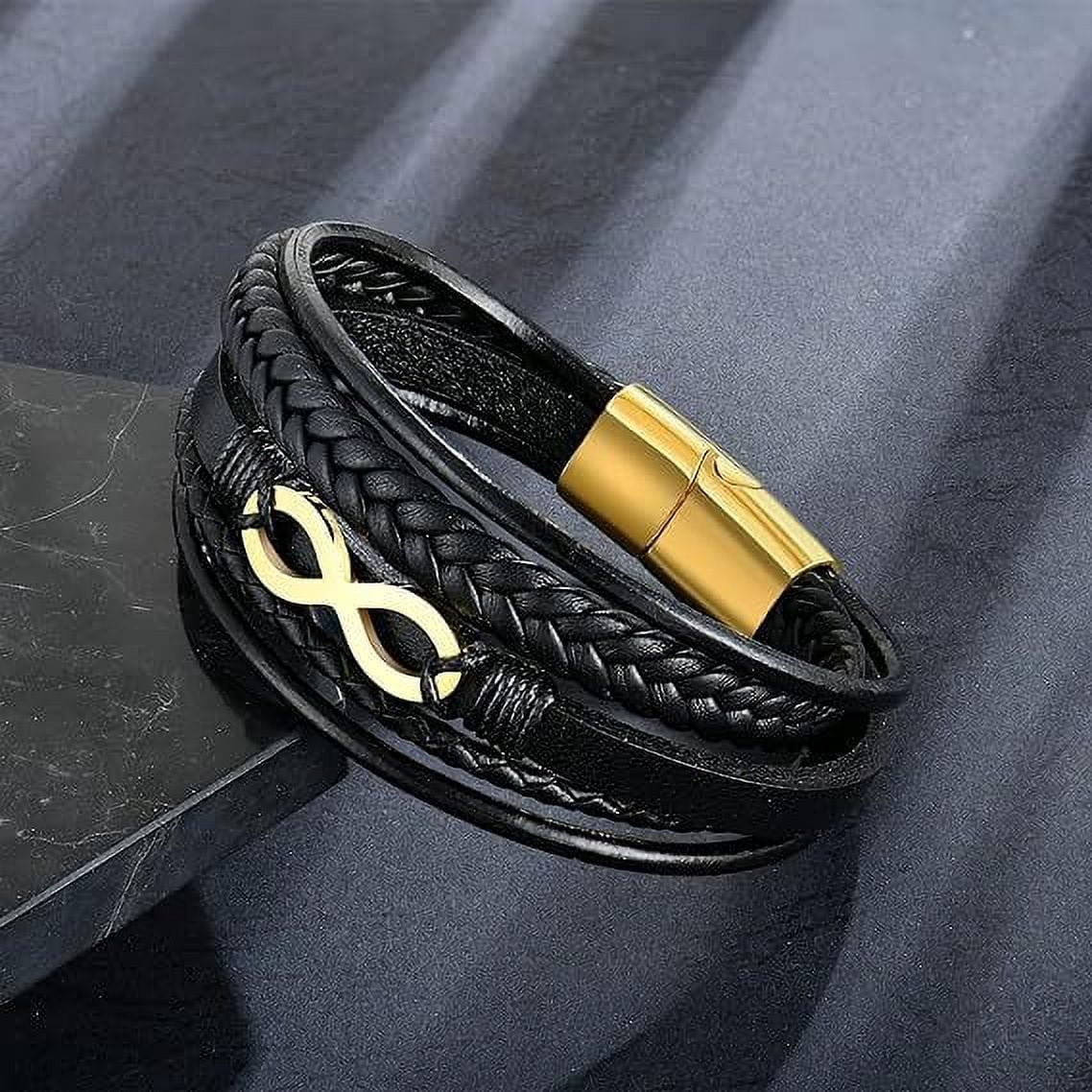 Raymard Mens Infinity 8 Multi-Layer Leather Bracelet,8.5" Black and Gold Braided Bracelet for Men