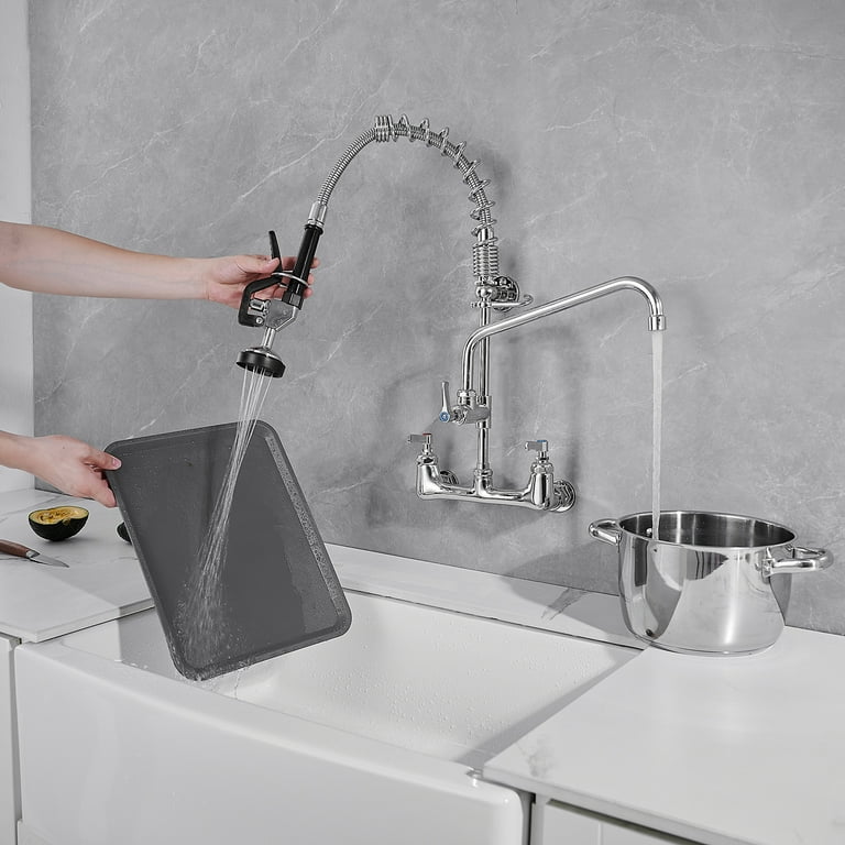 Commercial Pull Down 2-Handle Wall Mount Pre-Rinse Spray Utility Kitchen Faucet in Chrome Finish Commercial Pull Down 2-Handle Wall Mount Pre-Rinse Spray Utility Kitchen Faucet in Chrome Finish