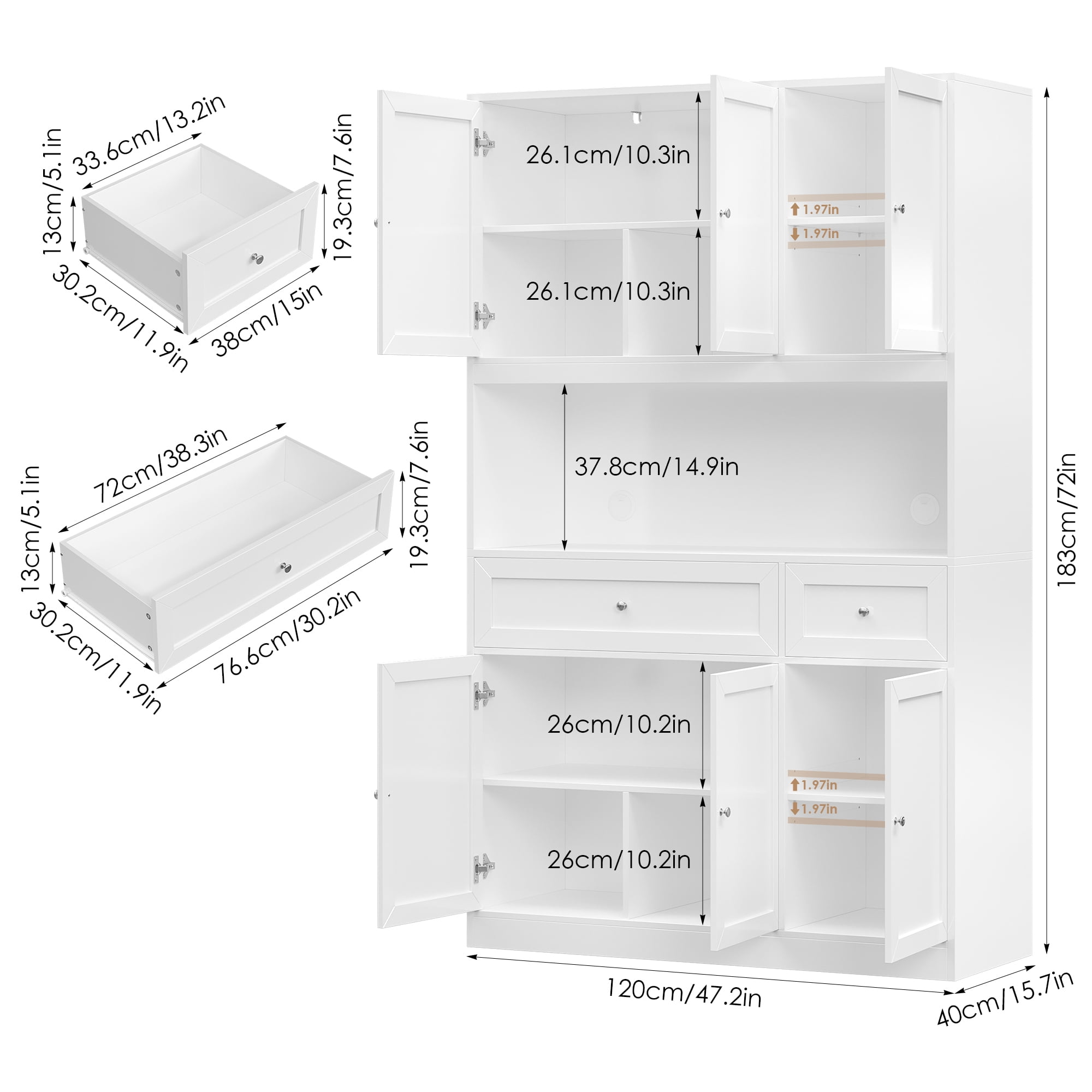 Homfa 72" Tall Kitchen Pantry with Microwave Shelf, Freestanding Kitchen Cupboard, Floor Cabinet for Dining Room, White