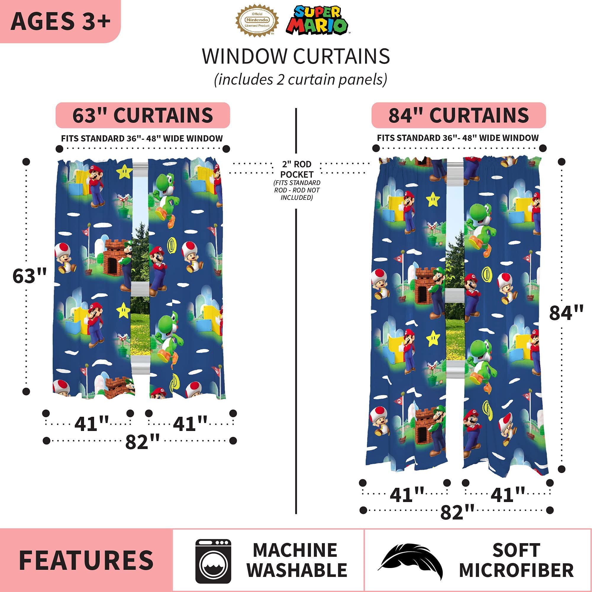Franco Kids Blue Super Mario Rod Pocket Light Filtering Curtains, 41" x 63" (2 Panels)
