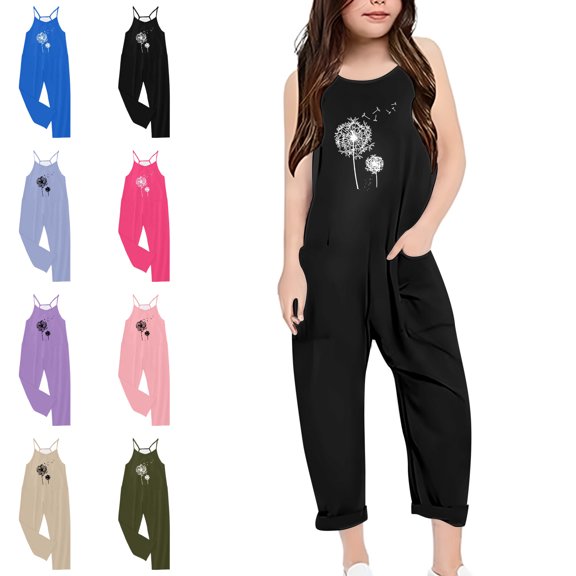 XINXIAOO Girl's Rompers Sleeveless Jumpsuits Loose Long Jumpsuit with Pockets 13-14 Years Girls Clothes