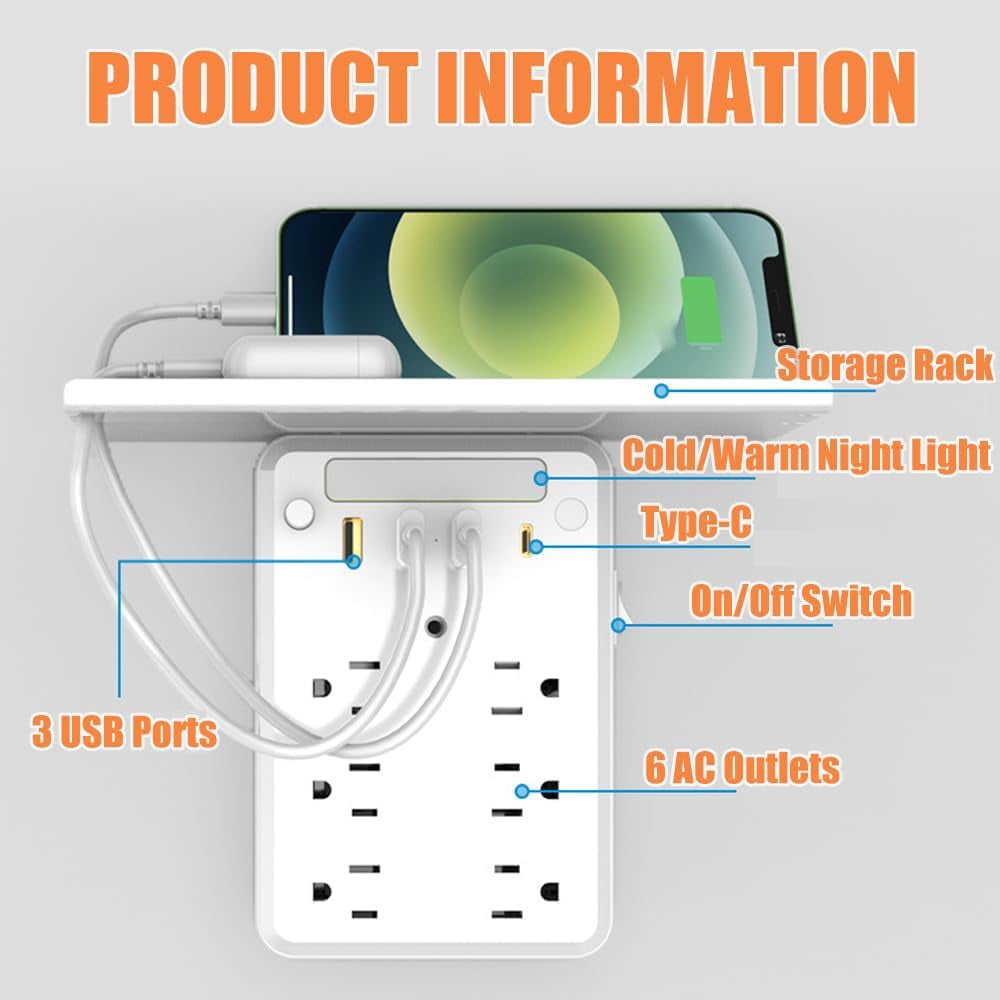 Preliminark Wall Outlet Extender with Shelf Night, Multi-Plug Outlet Splitter with Detachable Mobile Storage Rack, Power Socket Expander USB Wall Charger 6 AC outlets and 3 USB Ports with 1 USB 2pcs