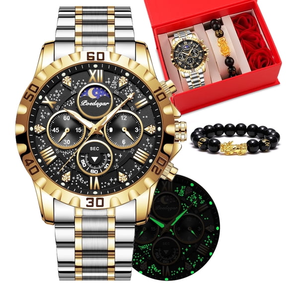 POEDAGAR Men Watch Quartz Stainless Steel Luminous Pointer Chronograph Waterproof Male Watches