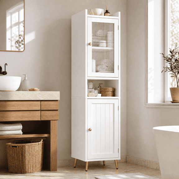 melmine 69.1" Tall Bathroom Storage Cabinet,Narrow Linen Cabinet with 2 Doors, Adjustable Shelves,White