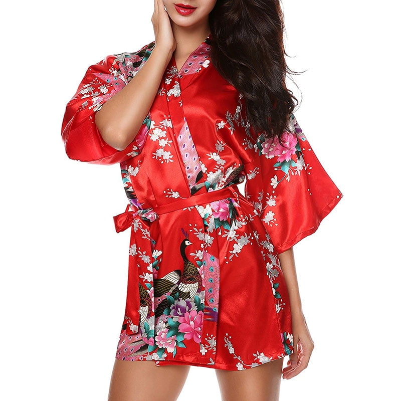 FNAC Women Floral Printed Satin Kimono Bath Robe Sexy Peacock Silk