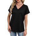 thumbnail image 2 of Womens Short Sleeve Sweater Waffle Knit Tops V Neck Spring Summer T Shirts Casual Blouses Outfits Black XL, 2 of 8