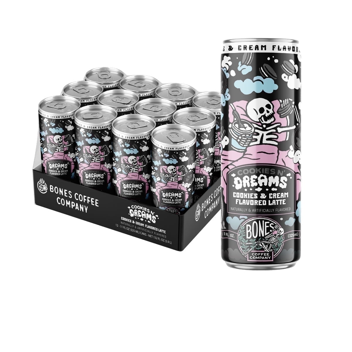 Bones Coffee Ready To Drink Coffee Can | 11 Fl Oz Cookies N' Dreams Latte 12-Pack