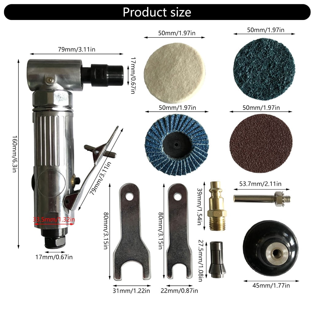 High Speed Air Angled Grinder Tool Set for Deburring and Polishing, Includes Accessories