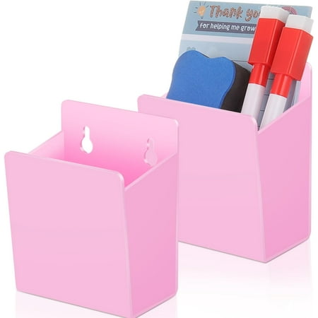2 Pcs Acrylic Wall Mounted Marker Holder Acrylic Pen Holder Adhesive Glass Whiteboard Marker Organizer Dry Erase Organizer with Tapes Hanging Holes for Whiteboard Fridge Locker(Pink)