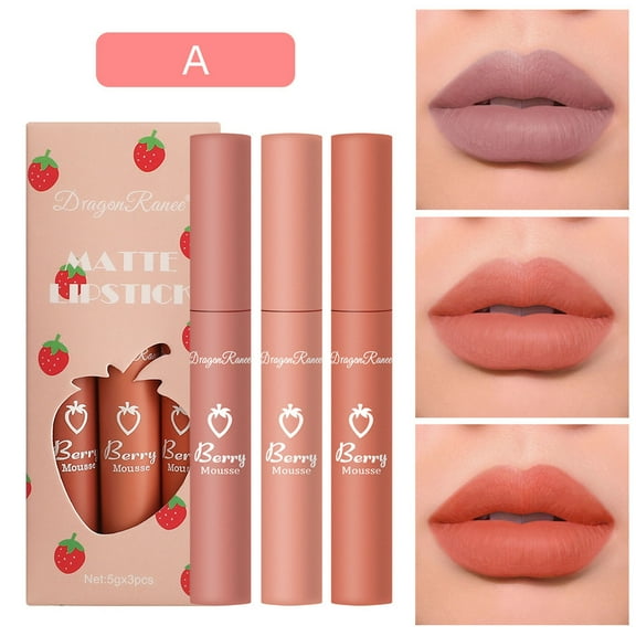 Lip Stain,Lipstick Set,3PCS Matte Liquid Lipstick Makeup Set, Matte liquid Long-Lasting Wear Non-Stick Cup Not Fade Waterproof Lip Gloss,Strawberry Set Boxes Velvet Matte Lip(A)