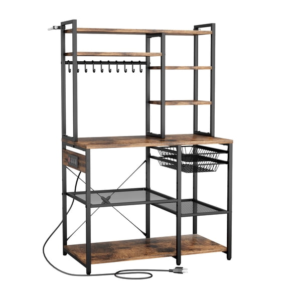 KFFKFF Kitchen Bakers Rack, 5 ft Power Cable Bakers Rack with Power Outlet, Kitchen Stand with X-Shaped Support Bar, 10 S-Shaped Hooks, Coffee Bar Stand for Dishes, Spice Bottles,Built-In Power Strip