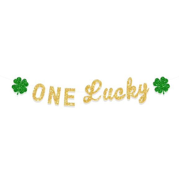 One Lucky Glitter Banner, Gold and Green, St. Patrick's Day Party Decoration, Shamrock Theme
