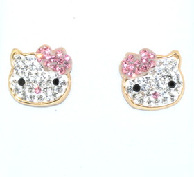 14K Yellow Gold Pink And White Cubic Zirconia Hello Kitty Earrings by MD