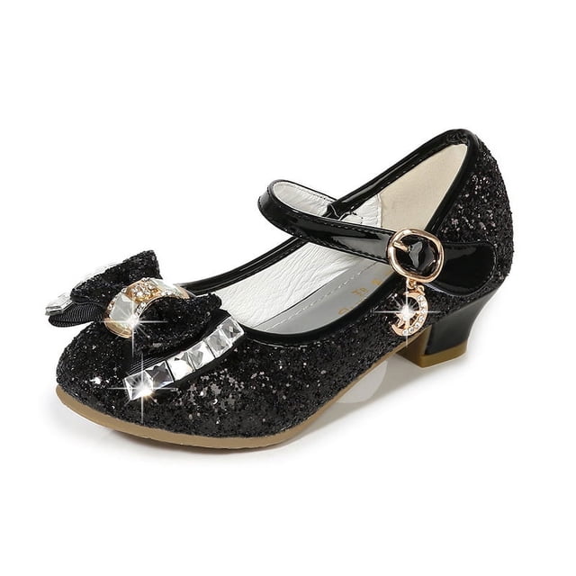 Zapatos de tacón alto de cuero para niñas de otoño, zapatos de lentejuelas con lazo, zapatos de baile decorativos para niños