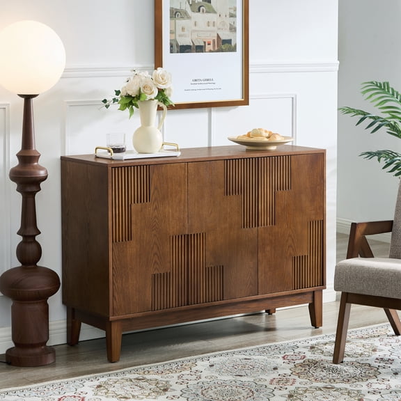 Gearwell Buffet Sideboard Cabinet, 44.3-Inch Walnut Storage Cabinet with Vertical-Stripe Patchwork Doors and Adjustable Shelves, TV Stand for Living Room, Dining Room, Entryway