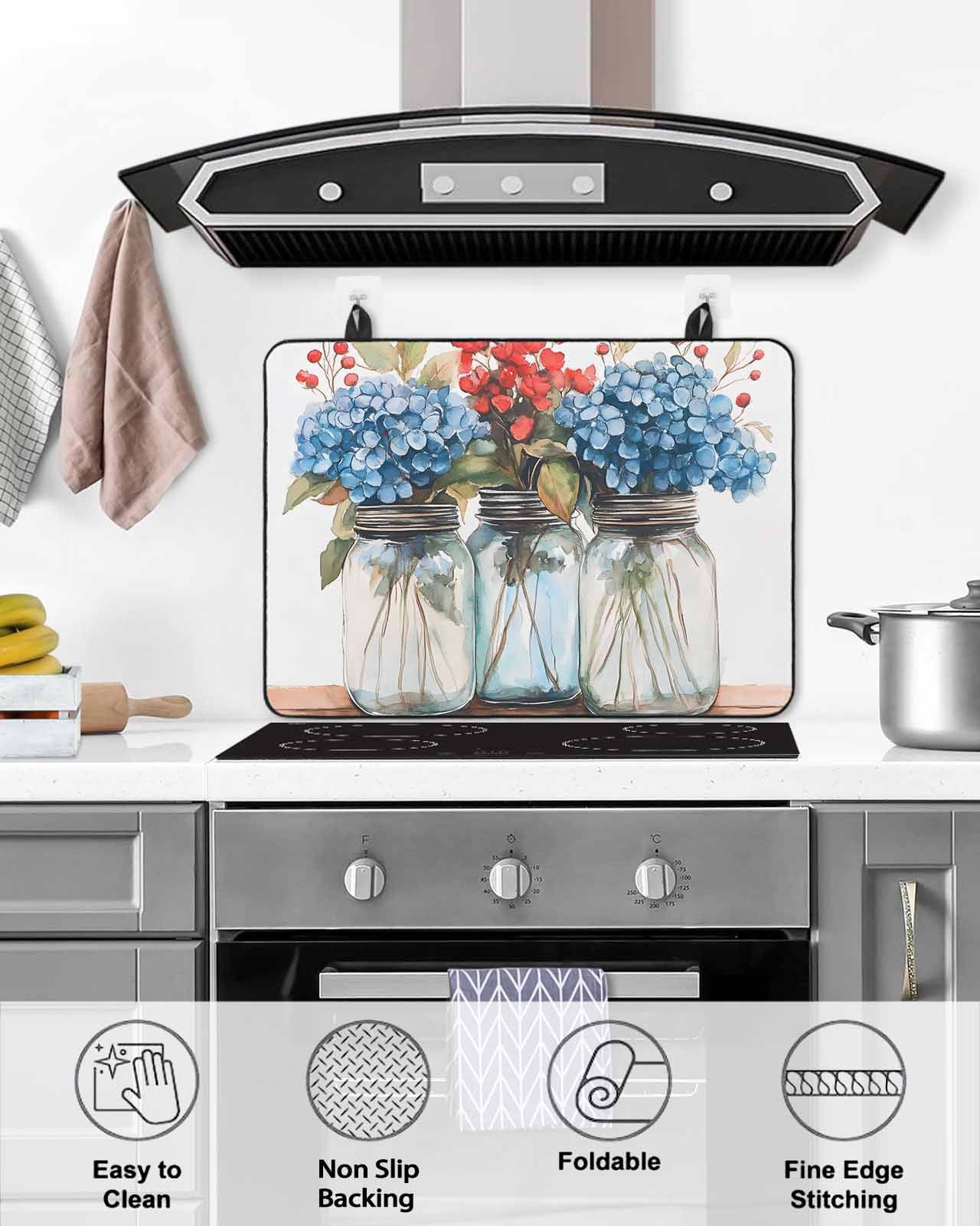 nqOlkjepod Large Induction Cooktop Protector Mat 24"x21", Flower Floral Stove Top Covers for Electric Stove, Red Blue Eucalyptus Plant Summer Spring Stove Burner Cover Mats, Glass Top Stove Cover