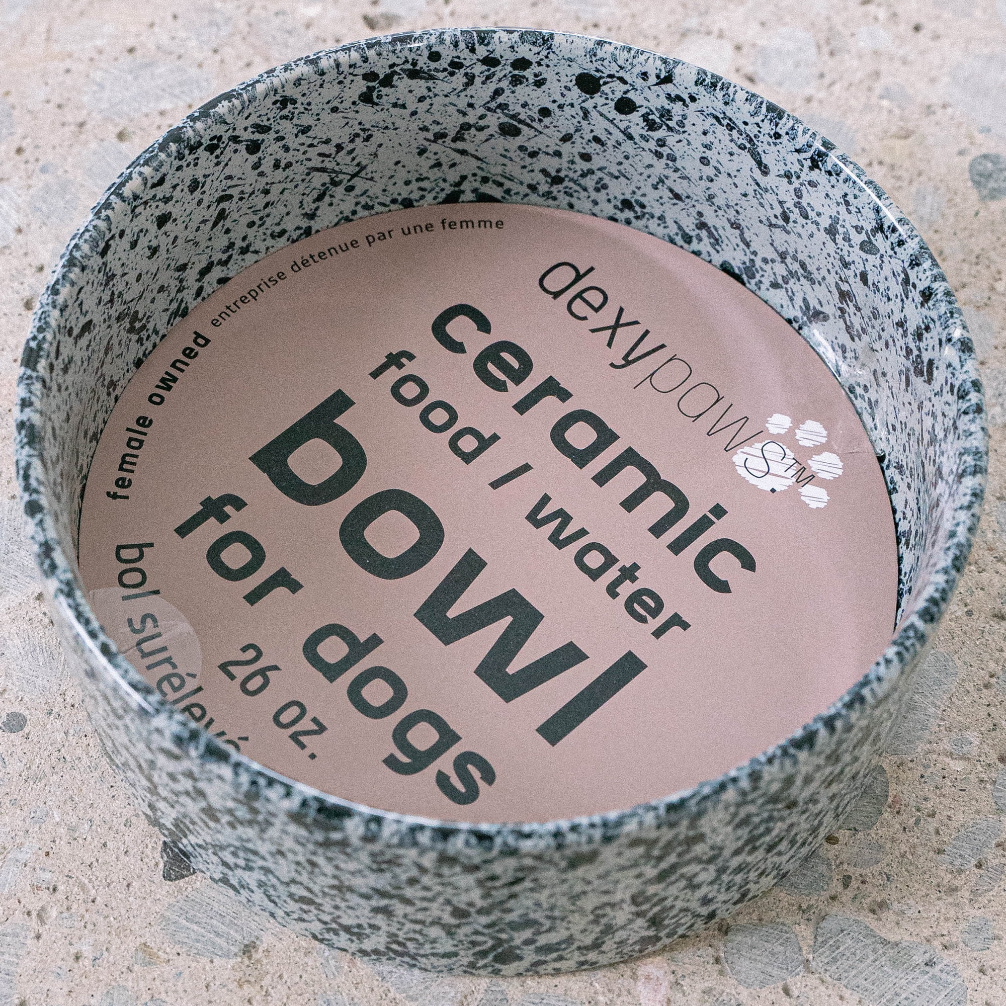 Dexypaws: Ceramic Dog Bowl: Salt & Pepper - 26oz - Pet Feeding Dish, Meals Food & Water, Dishwasher Safe, Non-Toxic, Non-Tip Design, Stylish Paw Print