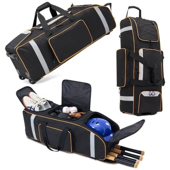 Large Catcher Gear Bag With Wheels, Soft Rolling Baseball Bag for 4 Bats, Portable Baseball Catcher Bag With Wheels, Multi-Pockets, Fence Hook, Holds All Softball Baseball Equipment (36x12x12inch)