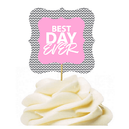 12pack Best Day Ever Pink Grey Chevron Cupcake Desert Appetizer Food Picks for Weddings, Birthdays, Baby Showers, Events &