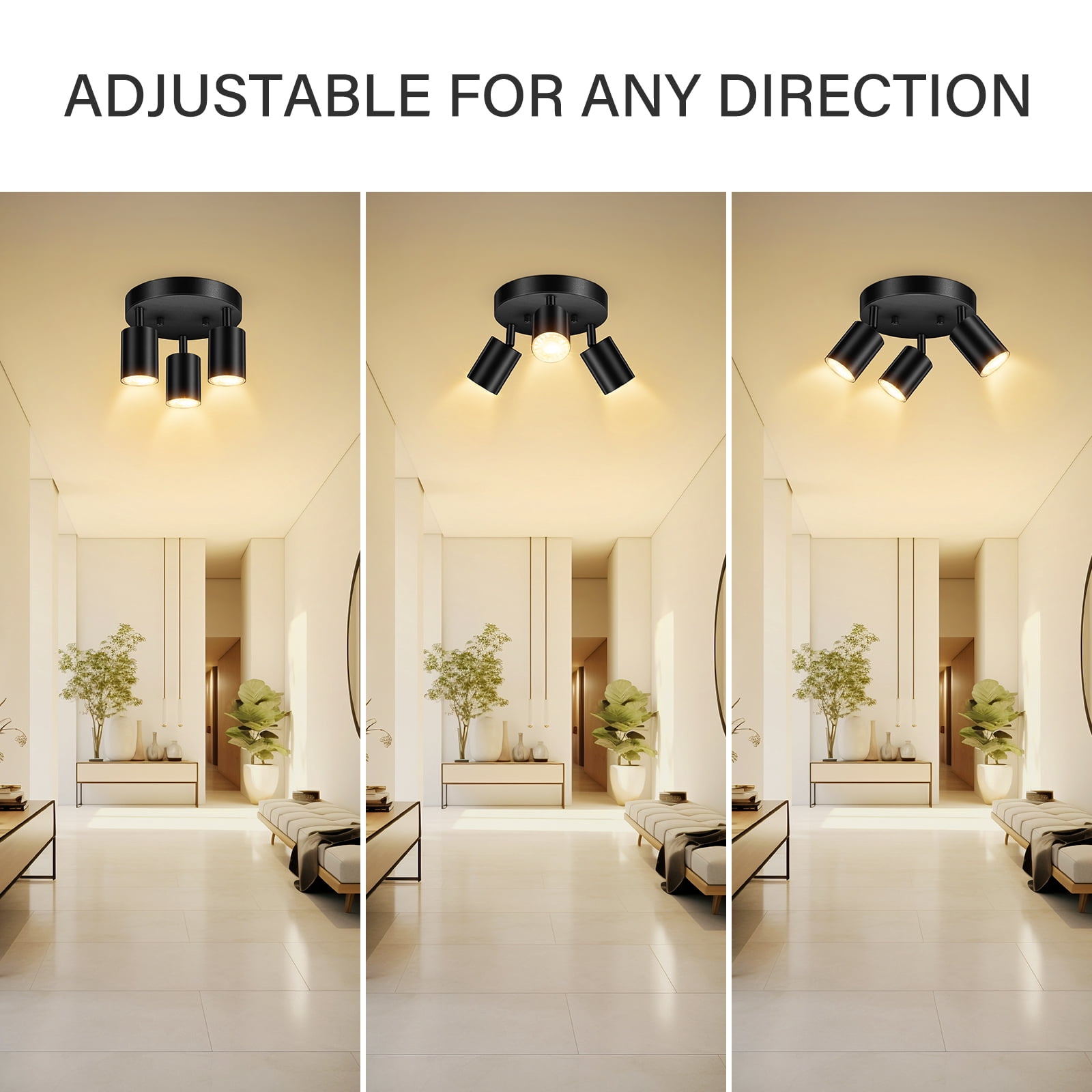 BoostArea LED 3 Light Track Lighting Kit, LED Track Lighting Fixtures, Black Round Ceiling Spot Lighting, Flexibly Rotatable Light Head for Kitchen, Living Room, Bedroom, GU10 Bulb Not Included