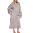 thumbnail image 2 of Kmbangi Women Velvet Sleeping Robe, Long Sleeve Hooded Neck Kangaroo Pockets Solid Color Nightwear, 2 of 3