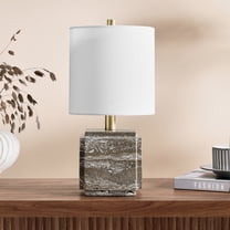 Pacha 16" Tall Stone Table Lamp with Fabric Shade in Gray Veined Travertine