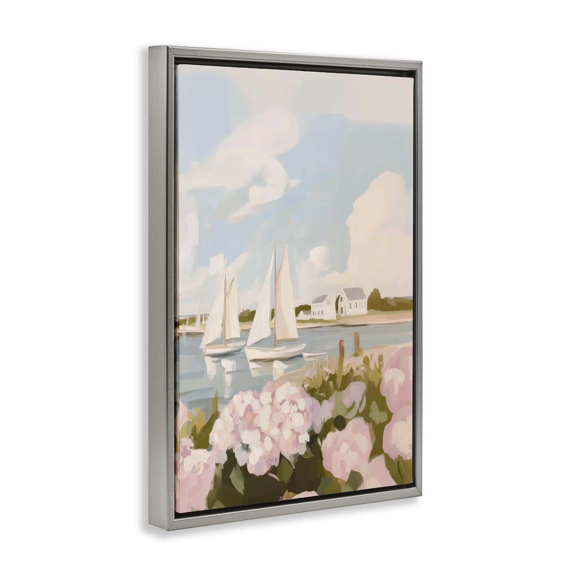 Stupell Industries Pink Hydrangeas with Sailboats Gray Framed Floater Canvas Wall Art, design by Sisi and Seb