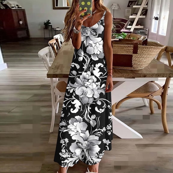 Vetsdori Womens Sleeveless Maxi Dresses Floral Print Sundress Slip Dress Summer Tank,Plus Size Crew Neck Beach Dress for Women