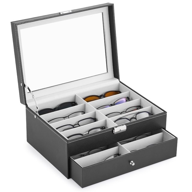 Organizador de Anteojos de Sol CO-Z con 16 Compartimentos en Cuero Negro
